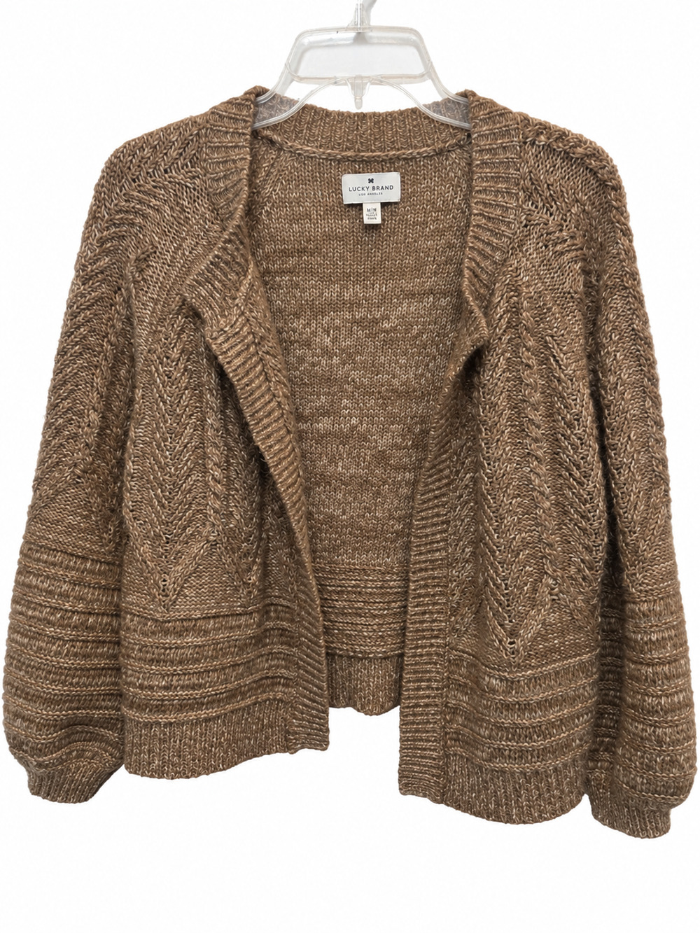 Lucky Brand Cozy Open Cardigan Sweater Womens Medium Brown Wool Blend Cable Knit